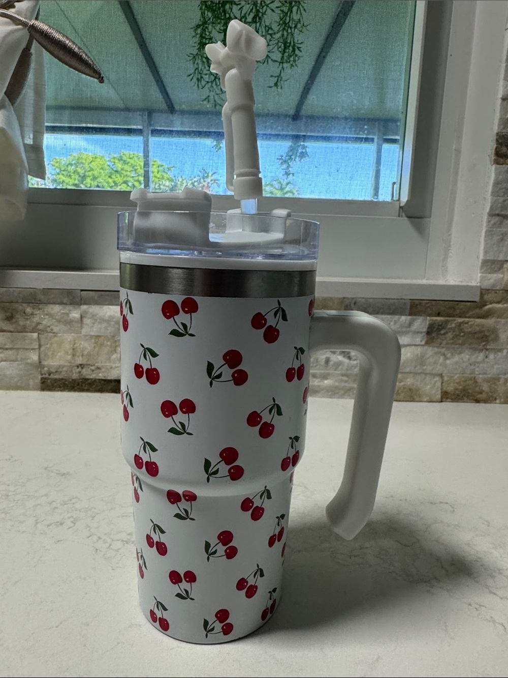 Cherry Pattern Insulated Tumbler with Handle